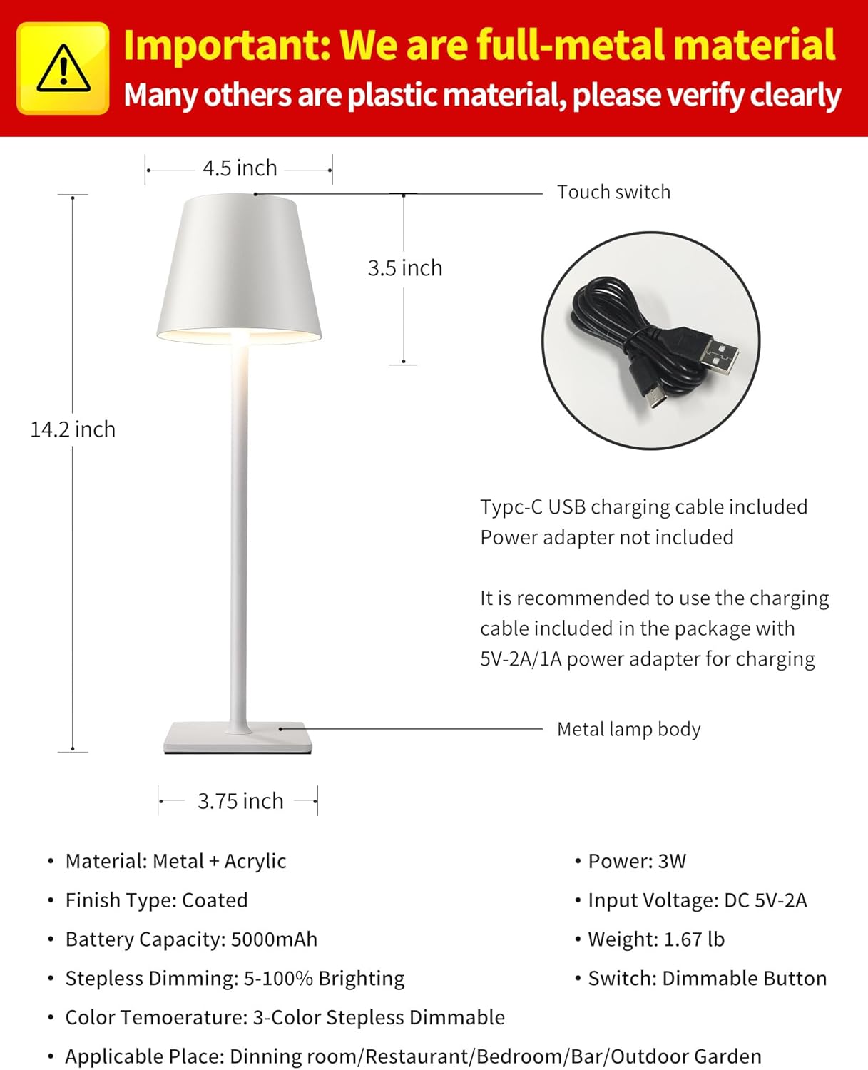 Visdanfo Kabellose Tischlampe, tragbare LED-Schreibtischlampe (2 pack) 4000 mAh, 3 Farben Weiß