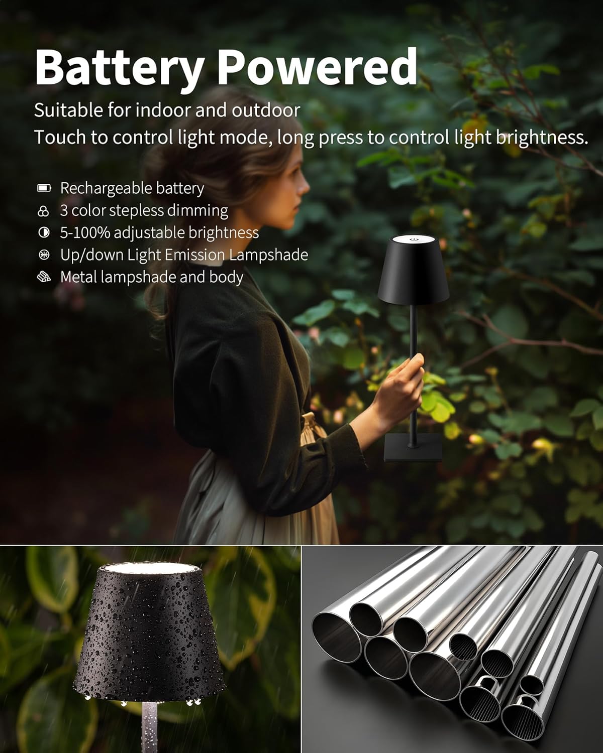 Visdanfo Kabellose Tischlampe, tragbare LED-Schreibtischlampe (2 pack) 4000 mAh, 3 Farben Schwarz