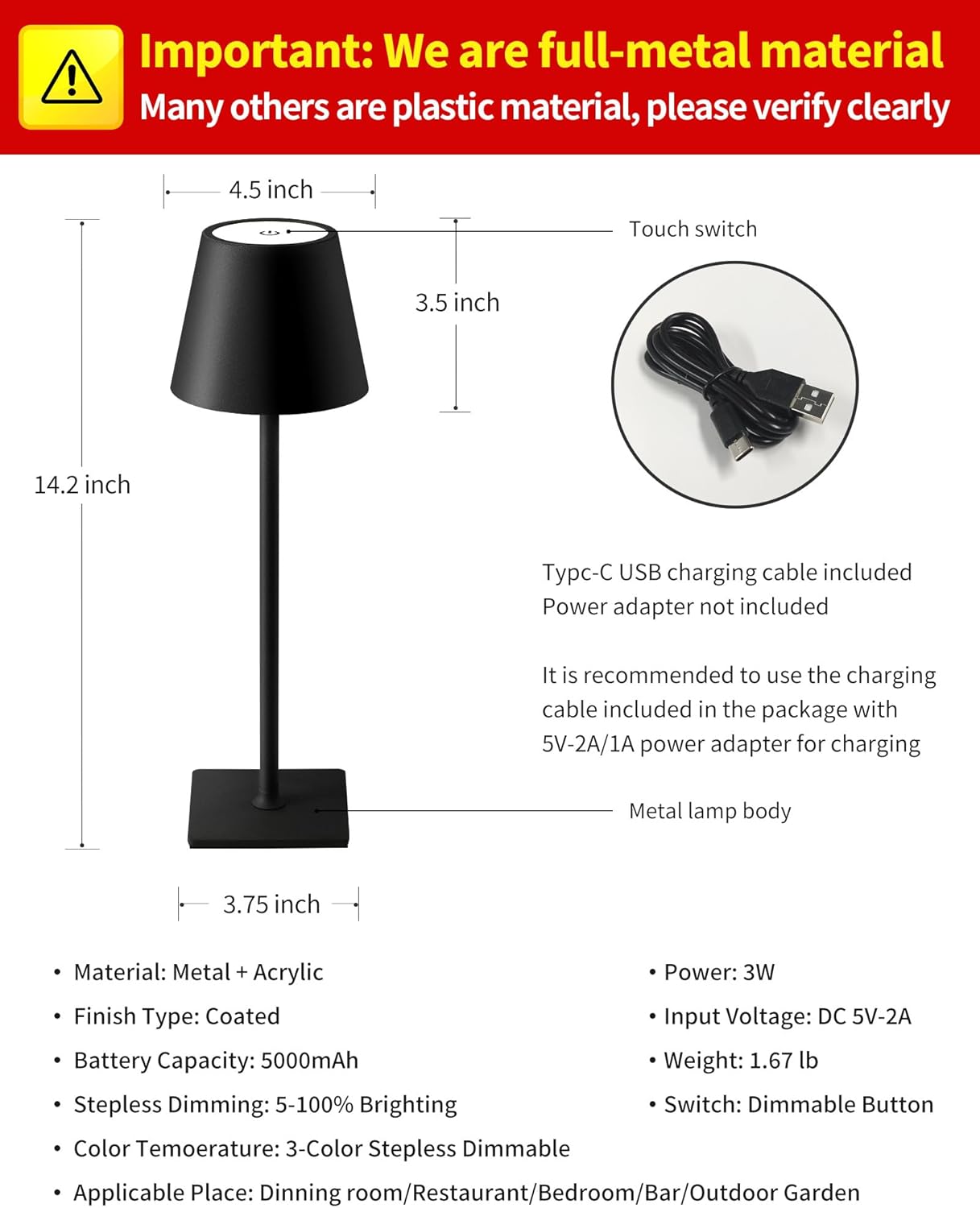 Visdanfo Kabellose Tischlampe, tragbare LED-Schreibtischlampe (2 pack) 4000 mAh, 3 Farben Schwarz