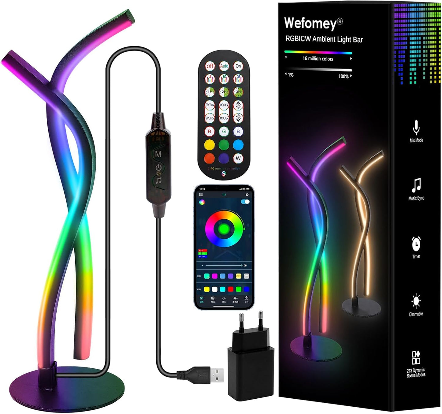 Wefomey LED Nachttischlampe Dimmbar, RGB Warmweiß APP Metall Dekolampe Spiral