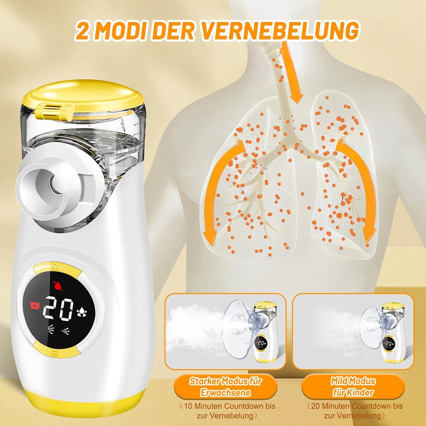 Wholede Inhalationsgerät Digitale mit Countdown,2 Maske und Mundstück, Leise,Gelb