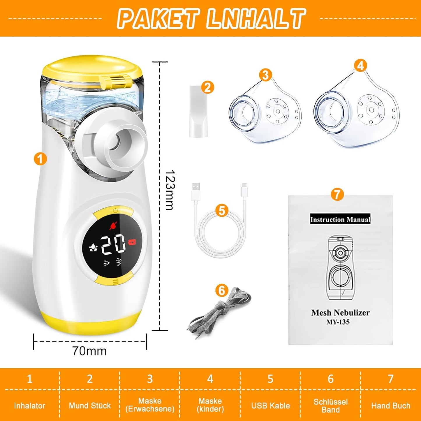 Wholede Inhalationsgerät Digitale mit Countdown,2 Maske und Mundstück, Leise,Gelb