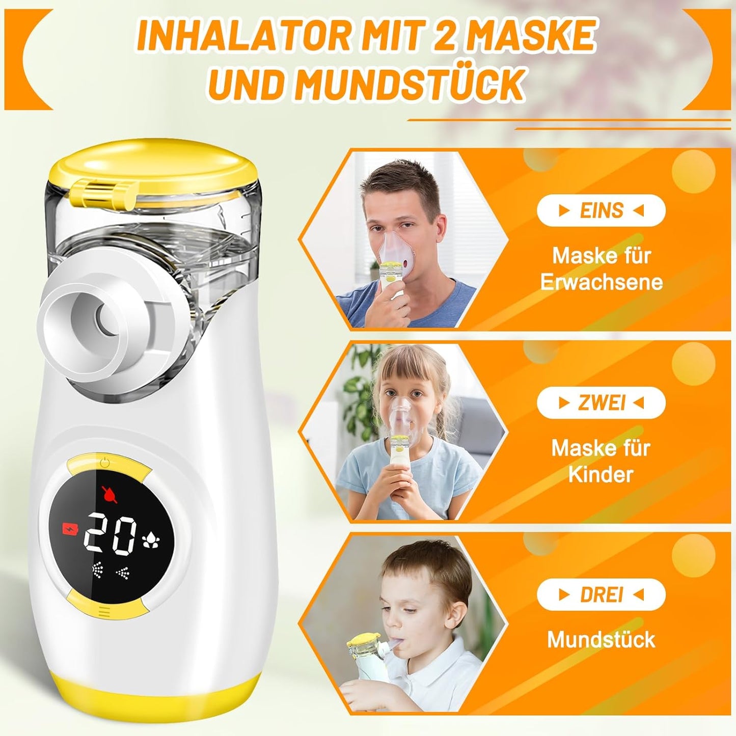 Wholede Inhalationsgerät Digitale mit Countdown,2 Maske und Mundstück, Leise,Gelb