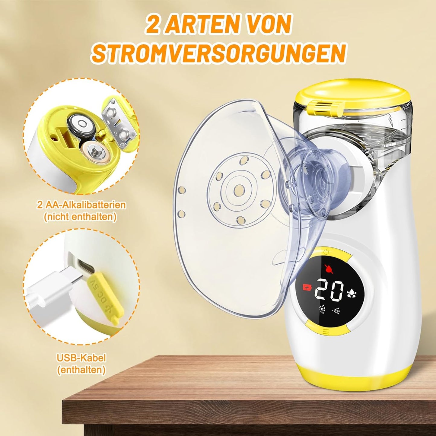 Wholede Inhalationsgerät Digitale mit Countdown,2 Maske und Mundstück, Leise,Gelb