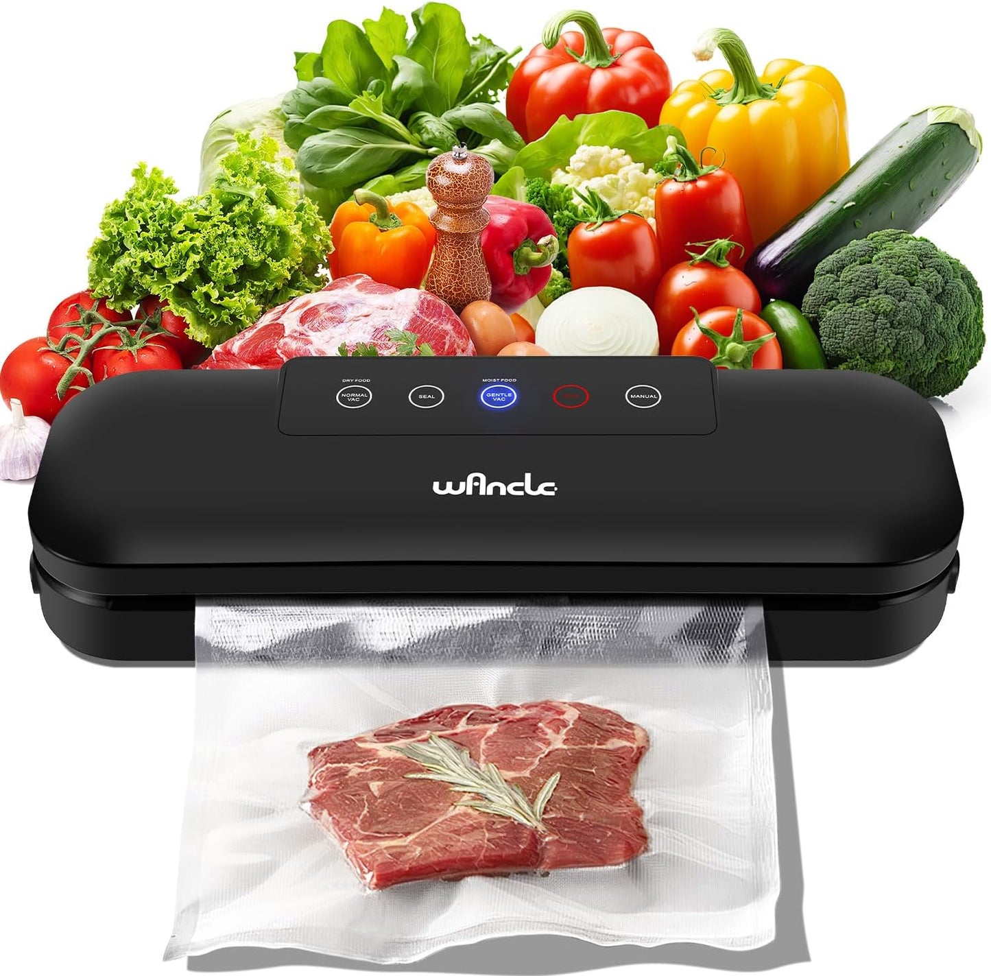Wancle Vakuumiergerät, 4-in-1 Lebensmittel-Vakuumierer für Sous Vide und Lebensmittelaufbewahrung, Automatisches Vakuumverpackungssystem mit 10 Vakuumierbeuteln, Kompaktes Design (Tiefschwarz)