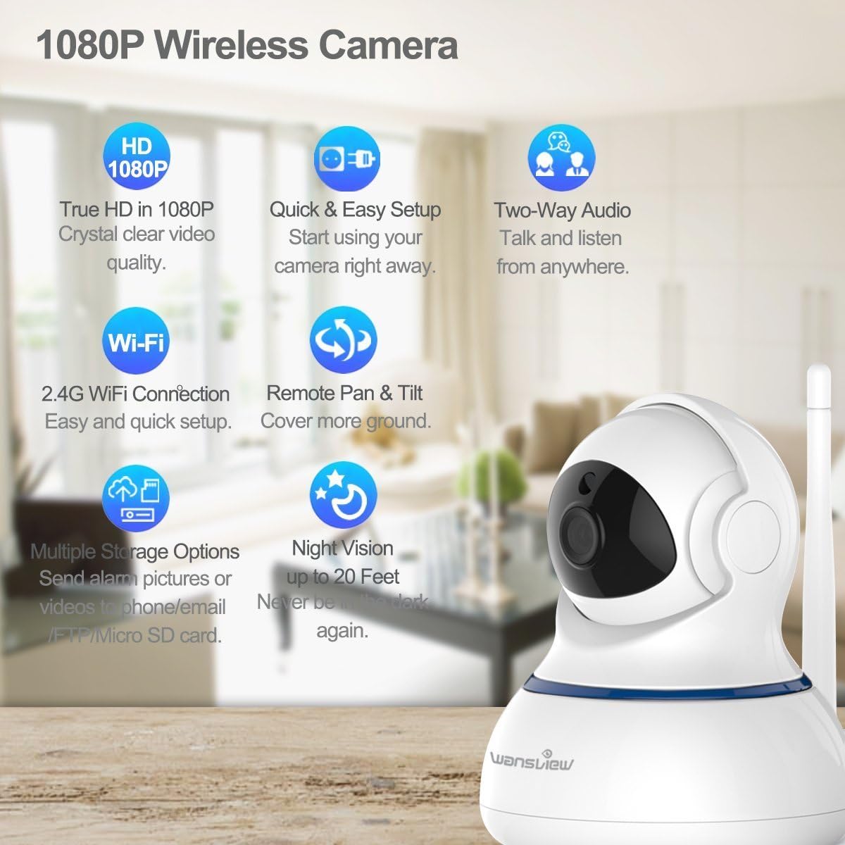 Wansview Kabellose 1080P-Überwachungskamera, WLAN, Zwei-Wege-Audio und Nachtsicht,