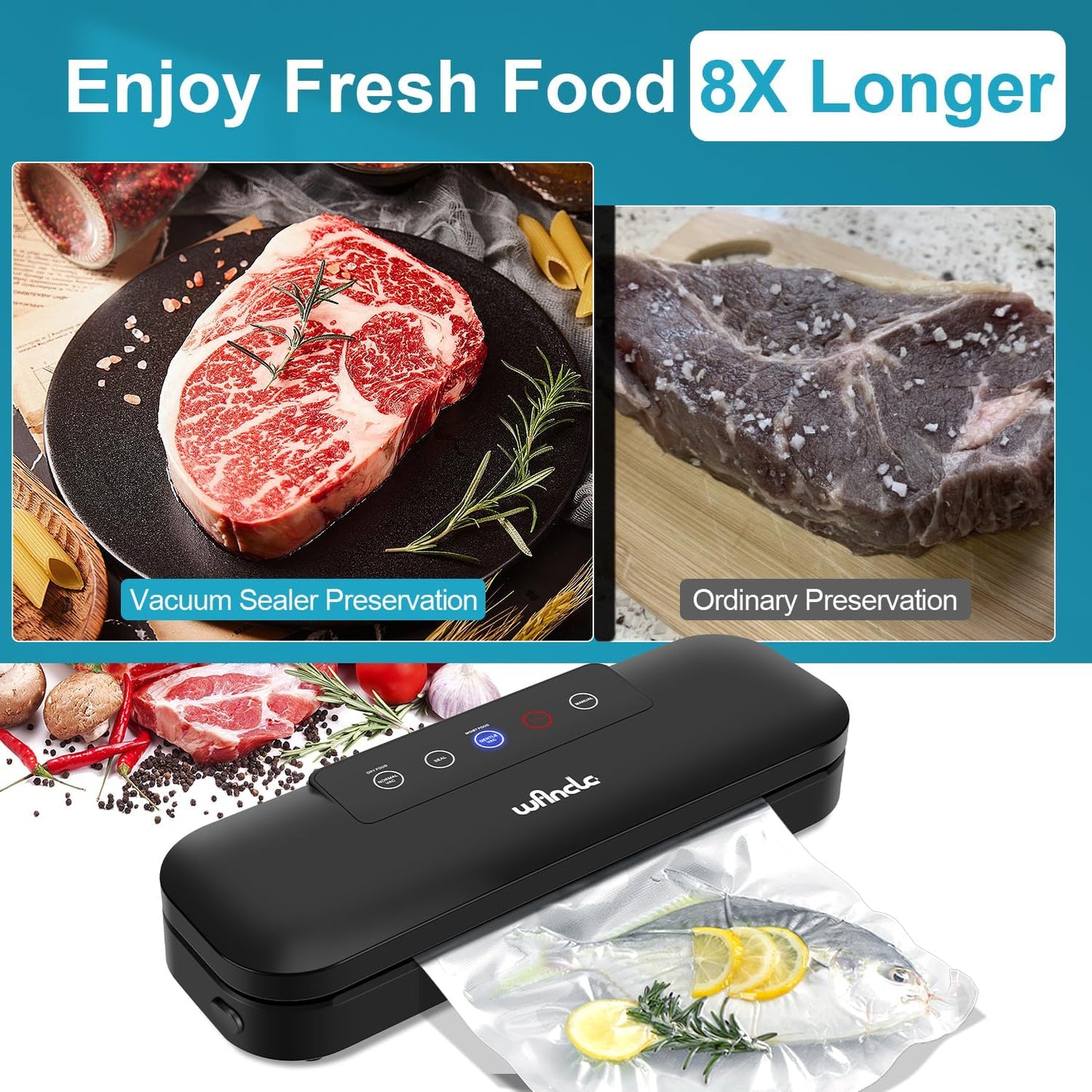 Wancle Vakuumiergerät, 4-in-1 Lebensmittel-Vakuumierer für Sous Vide und Lebensmittelaufbewahrung, Automatisches Vakuumverpackungssystem mit 10 Vakuumierbeuteln, Kompaktes Design (Tiefschwarz)