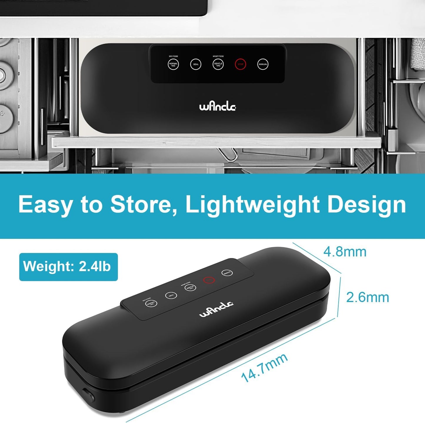 Wancle Vakuumiergerät, 4-in-1 Lebensmittel-Vakuumierer für Sous Vide und Lebensmittelaufbewahrung, Automatisches Vakuumverpackungssystem mit 10 Vakuumierbeuteln, Kompaktes Design (Tiefschwarz)