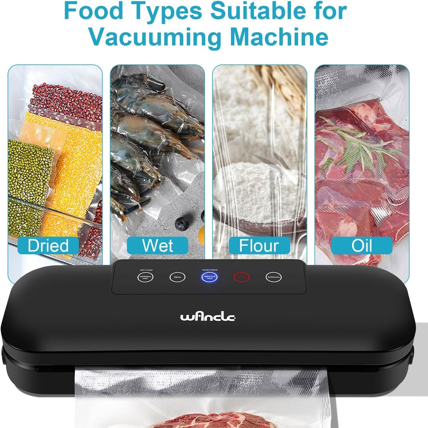 Wancle Vakuumiergerät, 4-in-1 Lebensmittel-Vakuumierer für Sous Vide und Lebensmittelaufbewahrung, Automatisches Vakuumverpackungssystem mit 10 Vakuumierbeuteln, Kompaktes Design (Tiefschwarz)