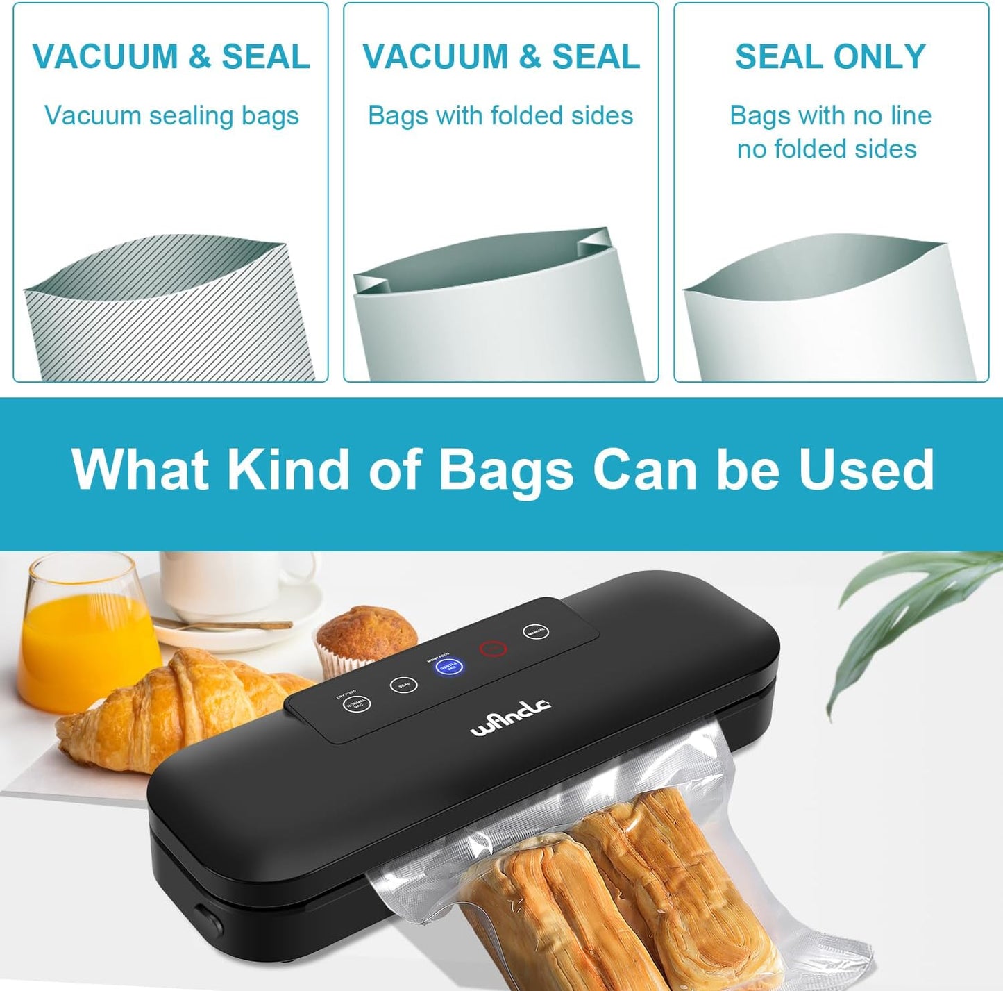 Wancle Vakuumiergerät, 4-in-1 Lebensmittel-Vakuumierer für Sous Vide und Lebensmittelaufbewahrung, Automatisches Vakuumverpackungssystem mit 10 Vakuumierbeuteln, Kompaktes Design (Tiefschwarz)