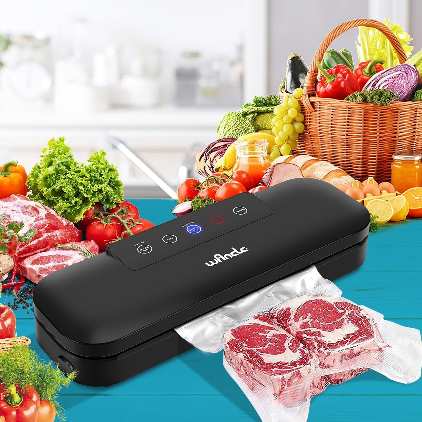 Wancle Vakuumiergerät, 4-in-1 Lebensmittel-Vakuumierer für Sous Vide und Lebensmittelaufbewahrung, Automatisches Vakuumverpackungssystem mit 10 Vakuumierbeuteln, Kompaktes Design (Tiefschwarz)