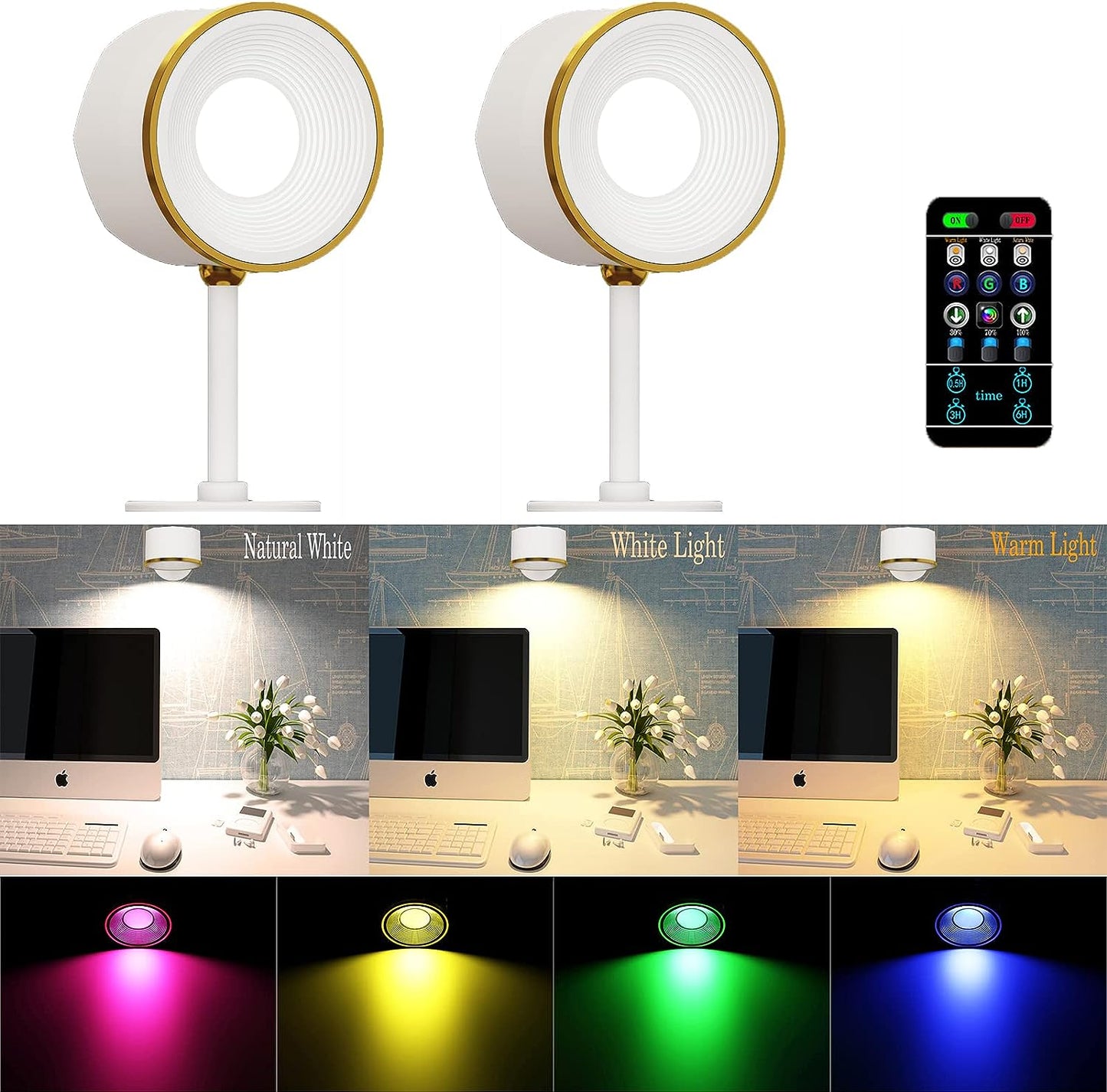 2 X Magnetische Wandleuchter, 16 RGB-Farben, dimmbar, wiederaufladbar, batteriebetrieben, USB, Bildmalerei, Wandleuchte mit Fernbedienung, 360° drehbar, magnetische Kugel, LED-Wandleuchte (weiß)