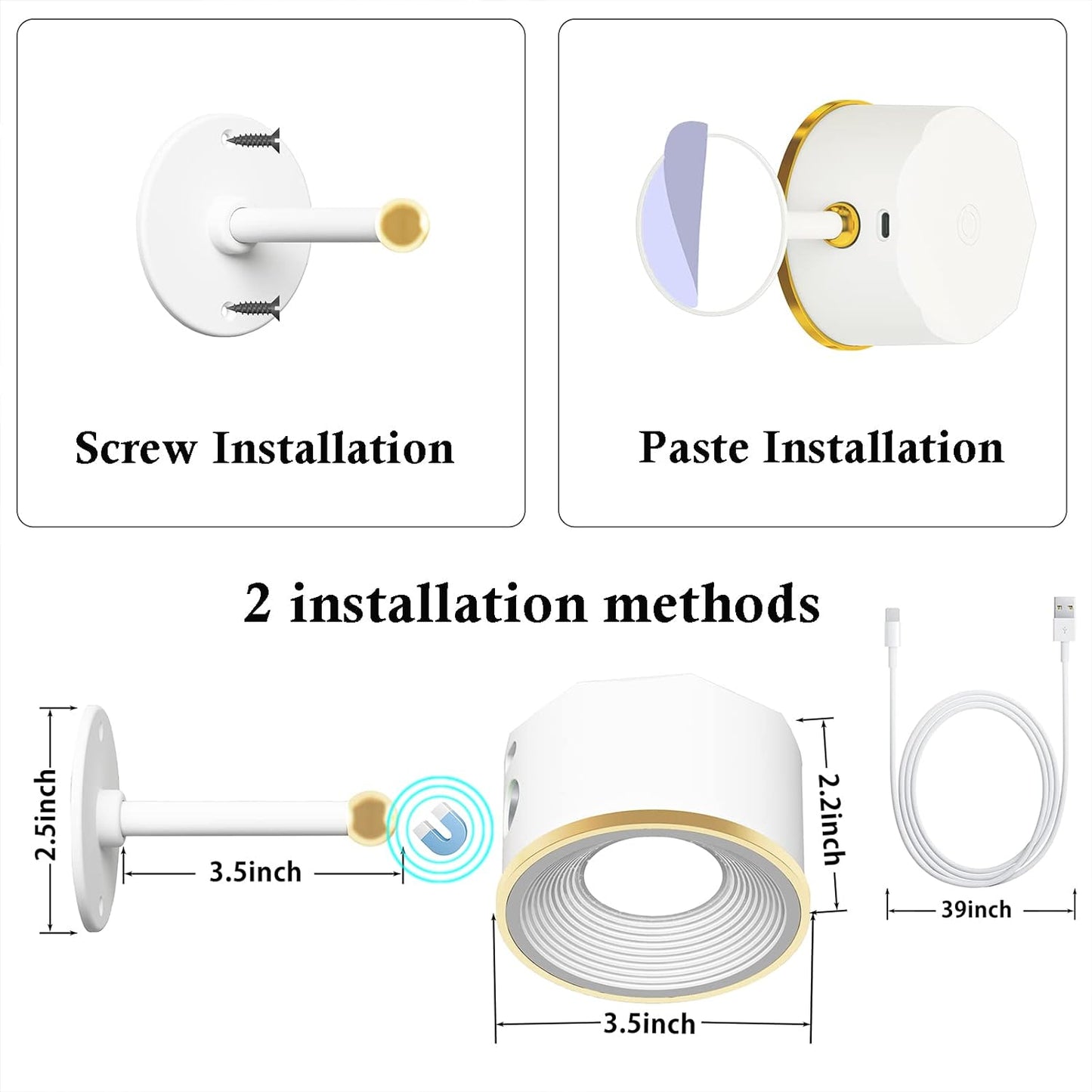 2 X Magnetische Wandleuchter, 16 RGB-Farben, dimmbar, wiederaufladbar, batteriebetrieben, USB, Bildmalerei, Wandleuchte mit Fernbedienung, 360° drehbar, magnetische Kugel, LED-Wandleuchte (weiß)