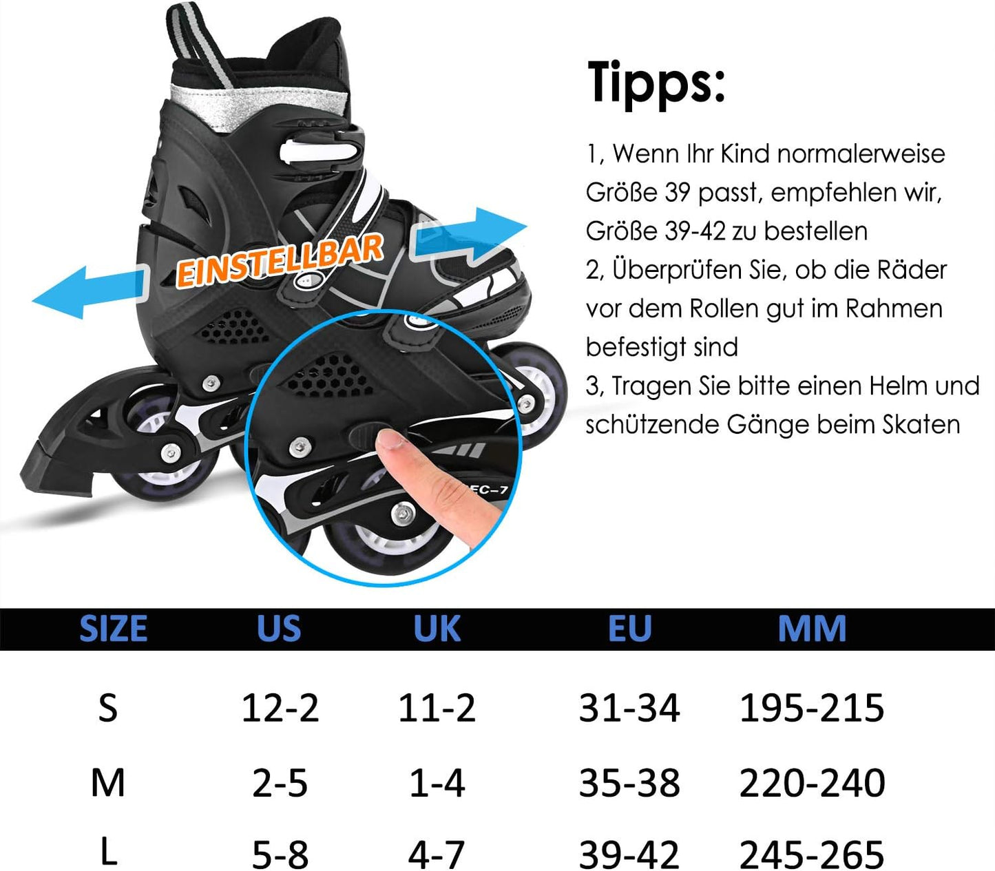 Weskate Xmbt-1003 Kinder Rollschuhe Inline-Skates für Herren M(35-38) schwarz
