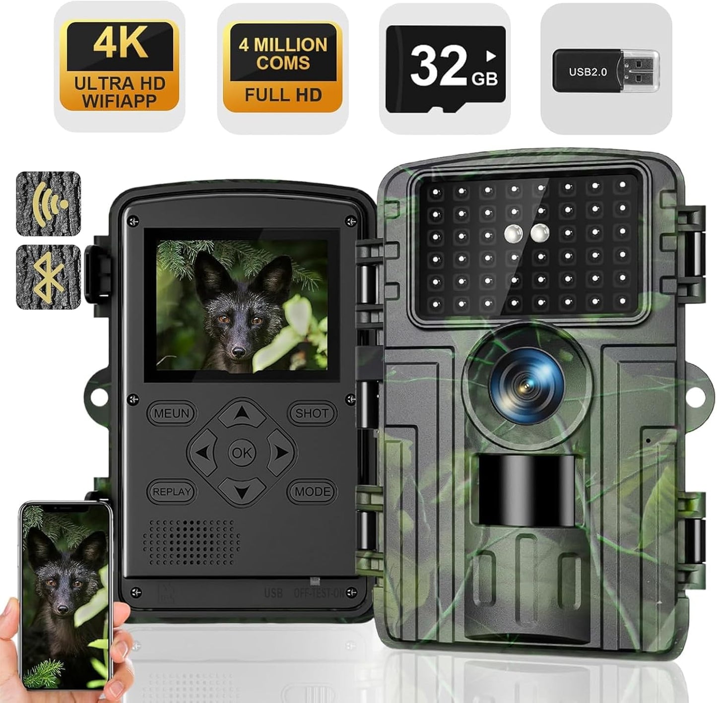 Wildkamera 4K,60MP Full HD WLAN mit Handyübertragung APP, Bewegungssensor, Nachtsicht