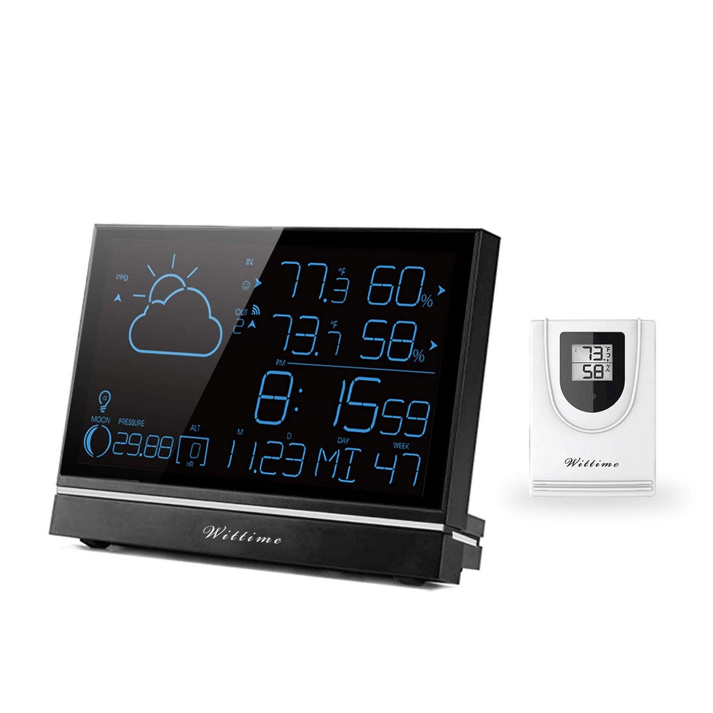 Wittime 2075 Wetterstation, Innen- und Außenthermometer – Wetterstation für zu Hause mit 7 umschaltbaren Farben, Temperatur- und Luftfeuchtigkeitsmesser, Temperatur- und Zeitalarm, 19,1 cm Display