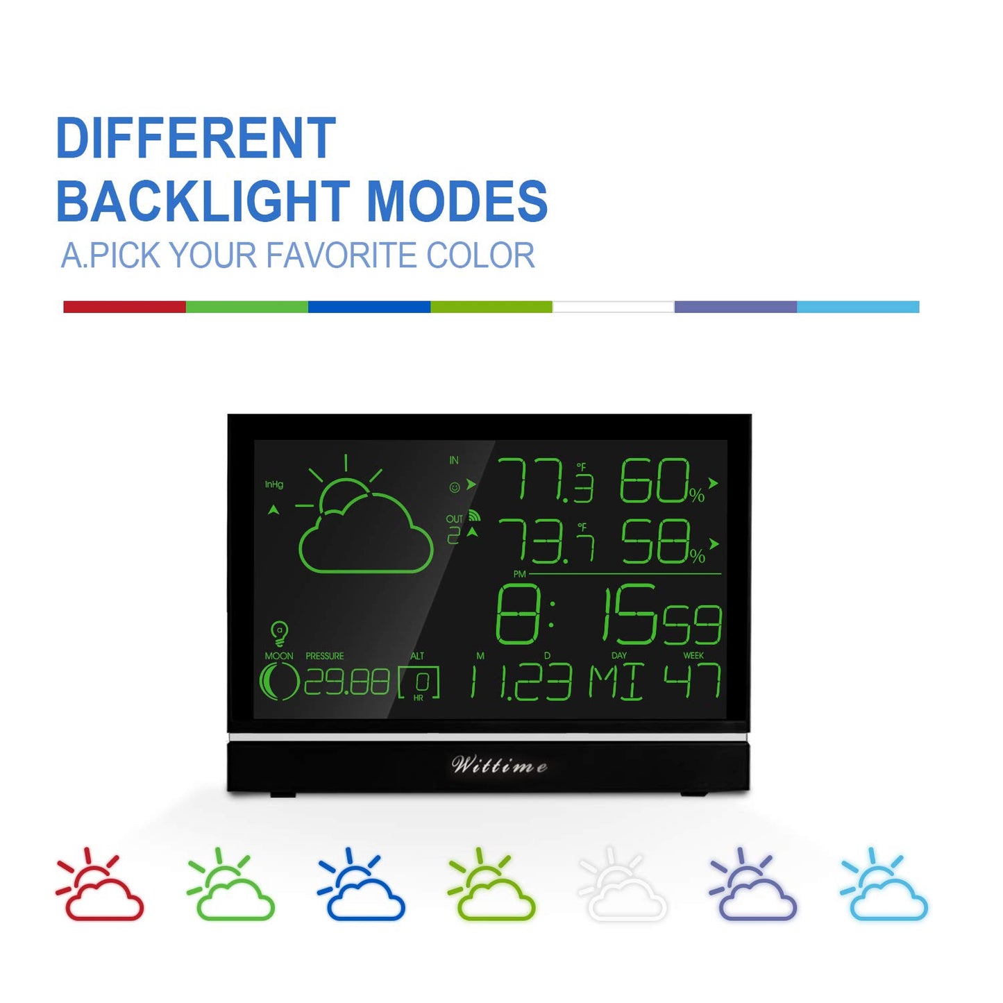 Wittime 2075 Wetterstation, Innen- und Außenthermometer – Wetterstation für zu Hause mit 7 umschaltbaren Farben, Temperatur- und Luftfeuchtigkeitsmesser, Temperatur- und Zeitalarm, 19,1 cm Display