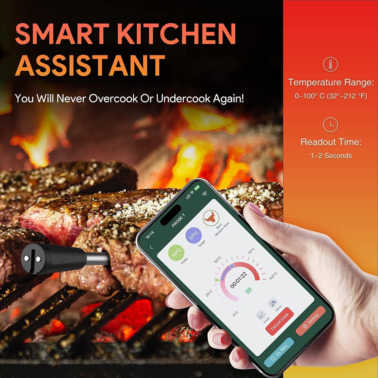 Winnes Fleischthermometer Wireless bratenthermometer Meat Thermometer iOS /Android App