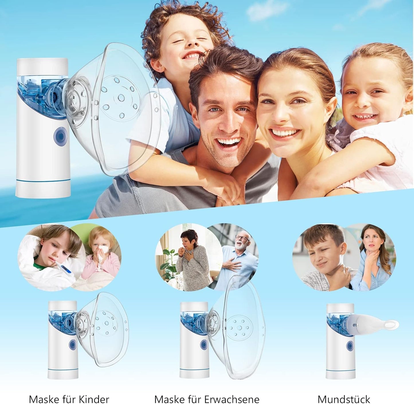 Winload Inhalationsgerät Tragbar Vernebler Set, Inhalator mit Mundstück und Maske,USB Wiederaufladbar, Inhaliergerät für Kinder und Erwachsene