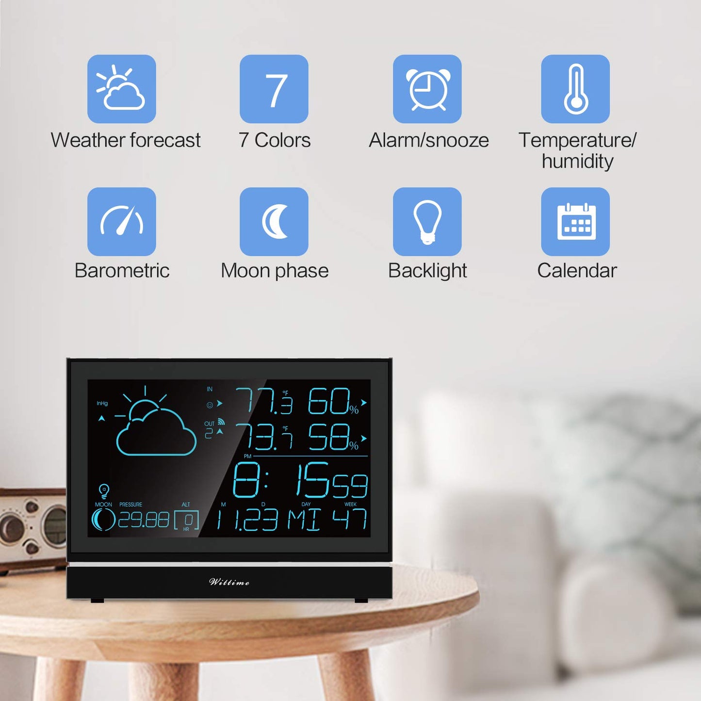 Wittime 2075 Wetterstation, Innen- und Außenthermometer – Wetterstation für zu Hause mit 7 umschaltbaren Farben, Temperatur- und Luftfeuchtigkeitsmesser, Temperatur- und Zeitalarm, 19,1 cm Display