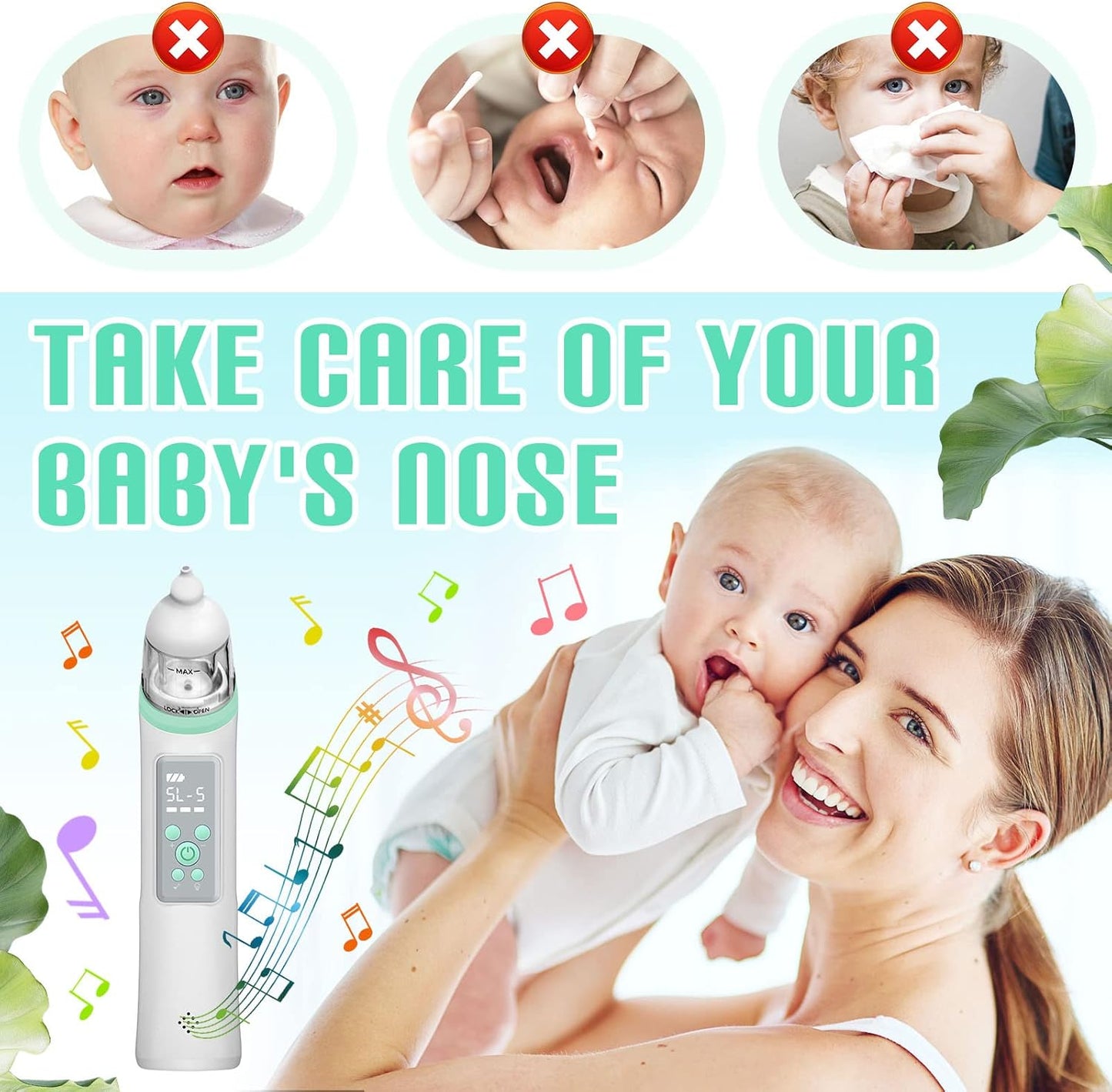 Winload Nasensauger Baby für Neugeborene mit 5 Saugstärken und 3 Größen Tip,Musik & Licht
