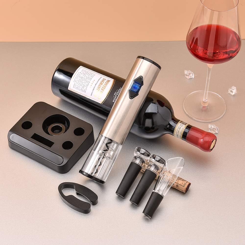Elektrisches Weinflaschenöffner-Kit, Elektrischer Korkenzieher,Geschenkset mit Blattschneider, Weinverschluss und Ausgießer, 5-in-1,silber
