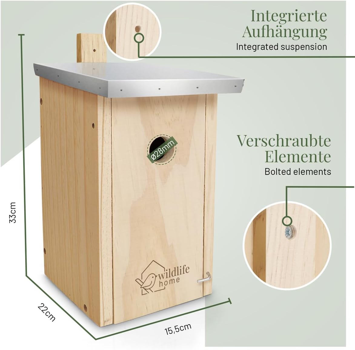 WILDLIFE HOME Nistkasten Meisen mit Metalldach aus verschraubtem Massiv-Holz