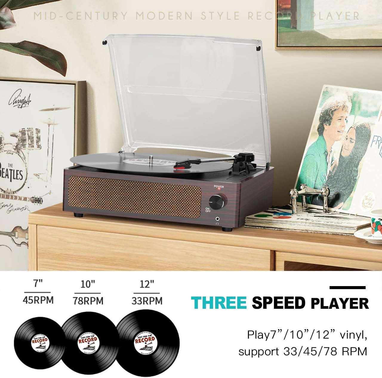 WOCKODER Plattenspieler, kabellos, tragbar, LP-Phonograph mit eingebauten Stereo-Lautsprechern, 3-Gang-Gang-Riemenantrieb, Plattenspieler aus Vinyl mit Lautsprechern