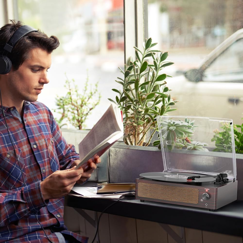 WOCKODER Plattenspieler, kabellos, tragbar, LP-Phonograph mit eingebauten Stereo-Lautsprechern, 3-Gang-Gang-Riemenantrieb, Plattenspieler aus Vinyl mit Lautsprechern