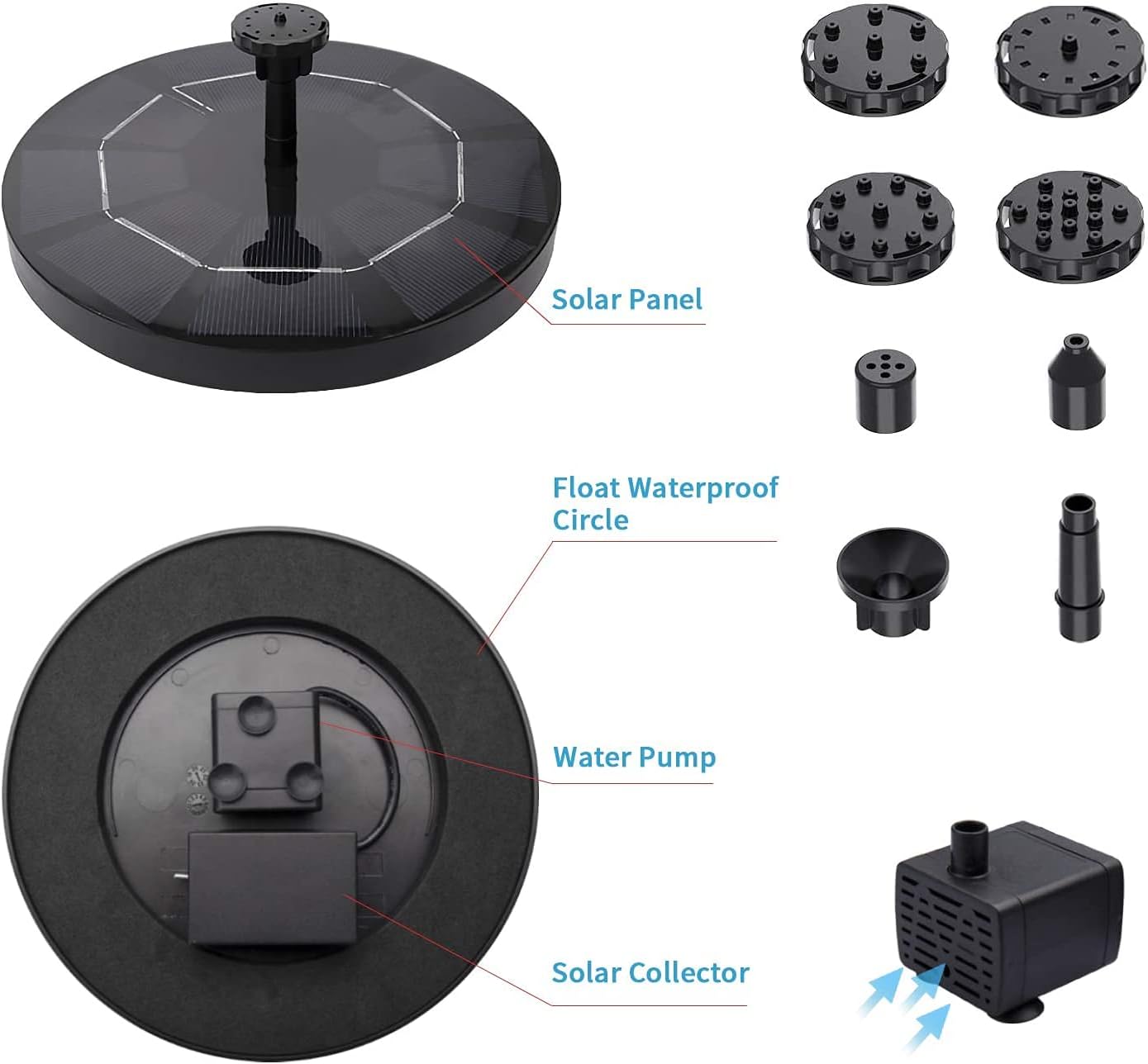 WOHOOH Solar Springbrunnen mit 3W Solar Panel mit 6 Düsens für gartendekoration