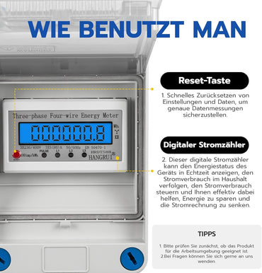 Wsphio 32A Mobiler Digitaler Stromzähler 3 Phasen mit LED,CEE Adapter 32A auf 32A