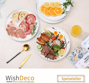 WishDeco Speiseteller Groß 4er Set, Kuchenteller Weiss 25 cm, Keramik Frühstücksteller