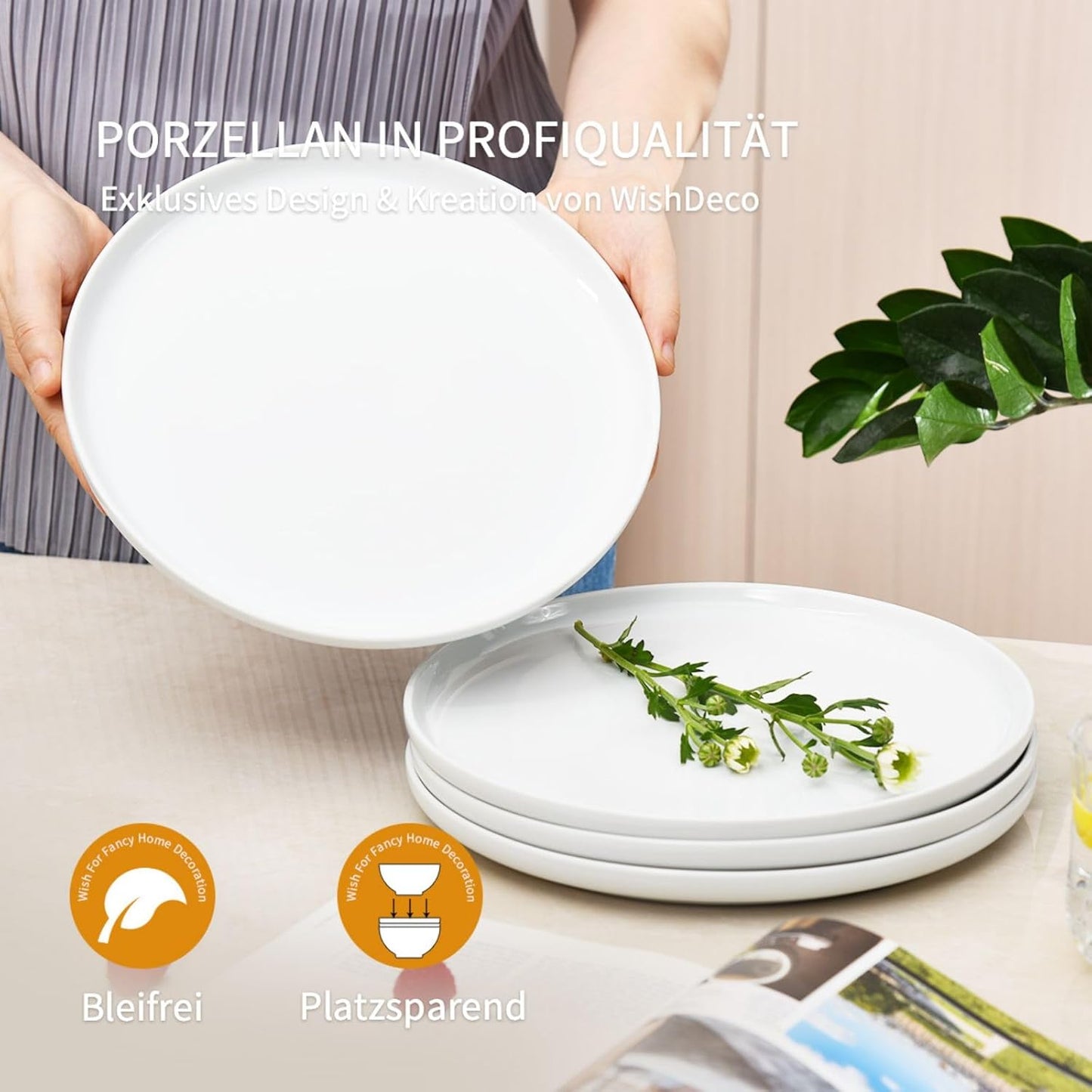 WishDeco Speiseteller Groß 4er Set, Kuchenteller Weiss 25 cm, Keramik Frühstücksteller