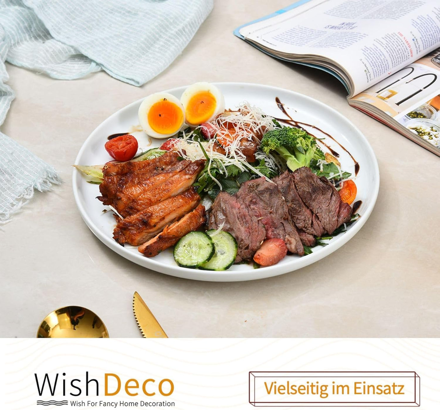 WishDeco Speiseteller Groß 4er Set, Kuchenteller Weiss 25 cm, Keramik Frühstücksteller