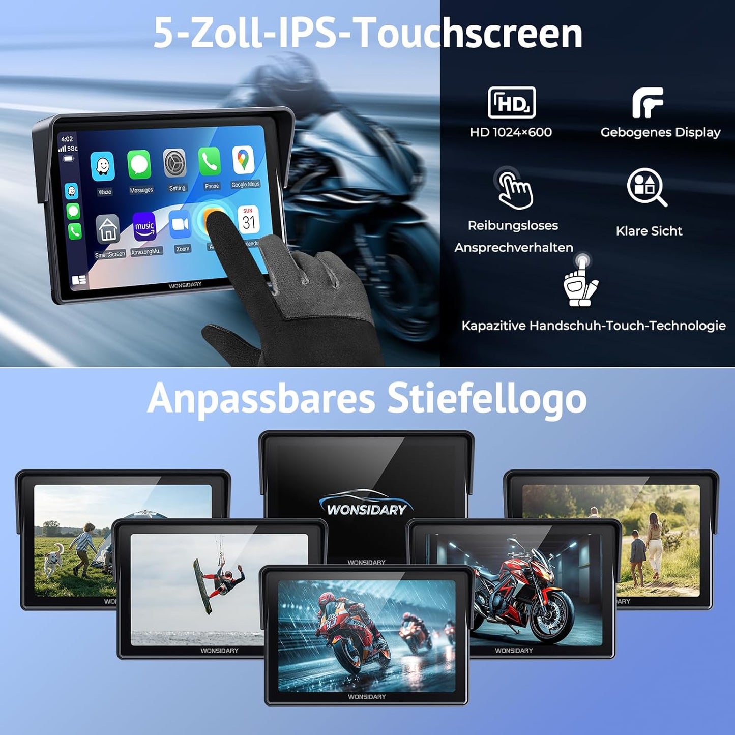 Wonsidary Kabelloses Motorrad CarPlay Apple CarPlay & Android Auto W522 5 Zoll IP67