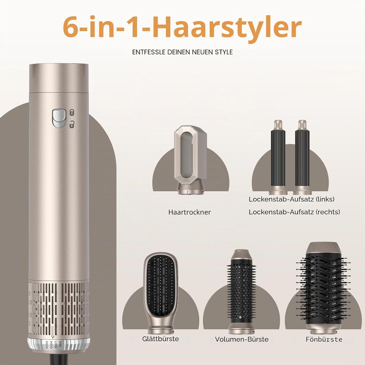 Airstyler 6 in 1 Hairstyler WT-632 1000W mit Air Lockenstäbe Warmluftbürste Föhn..Gold