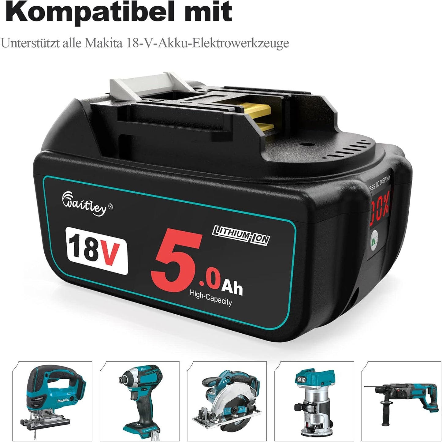 2X Waitley BL1850B 18V 5Ah Ersatzakku für Makita BL1830 BL1840 BL1850 BL1815 194205-3 LXT-400
