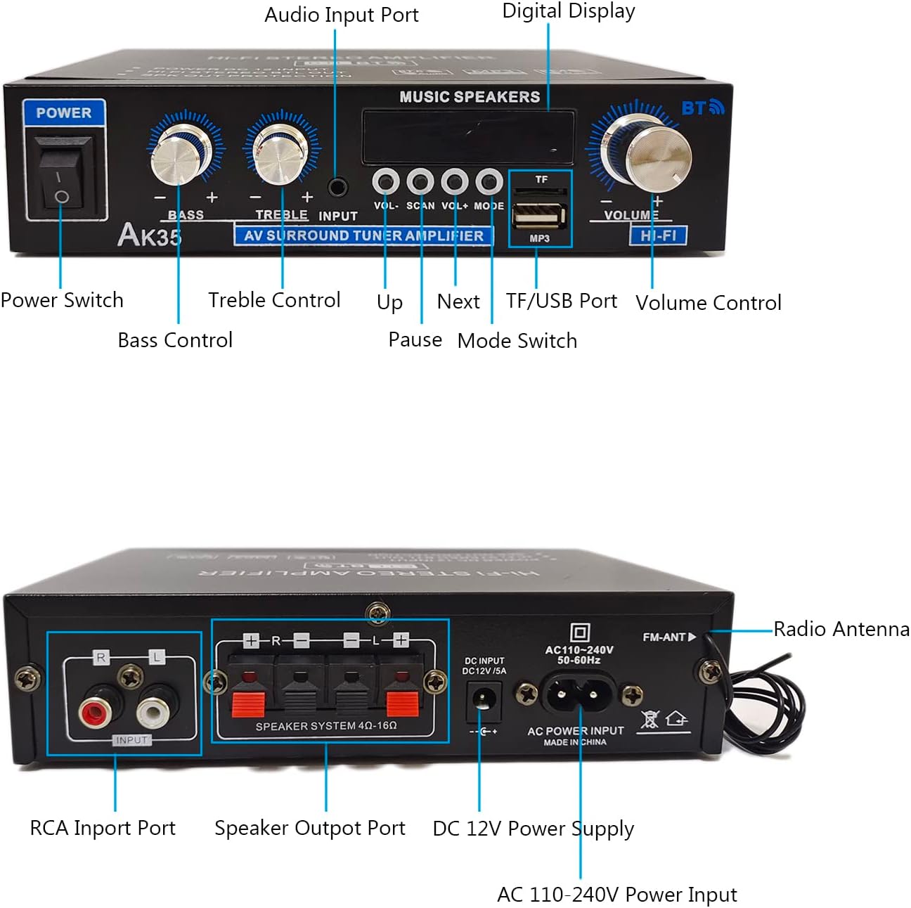 Bluetooth Mini Verstärker mit Netzteil, 2.0 Kanal 600 Watt Home Audio