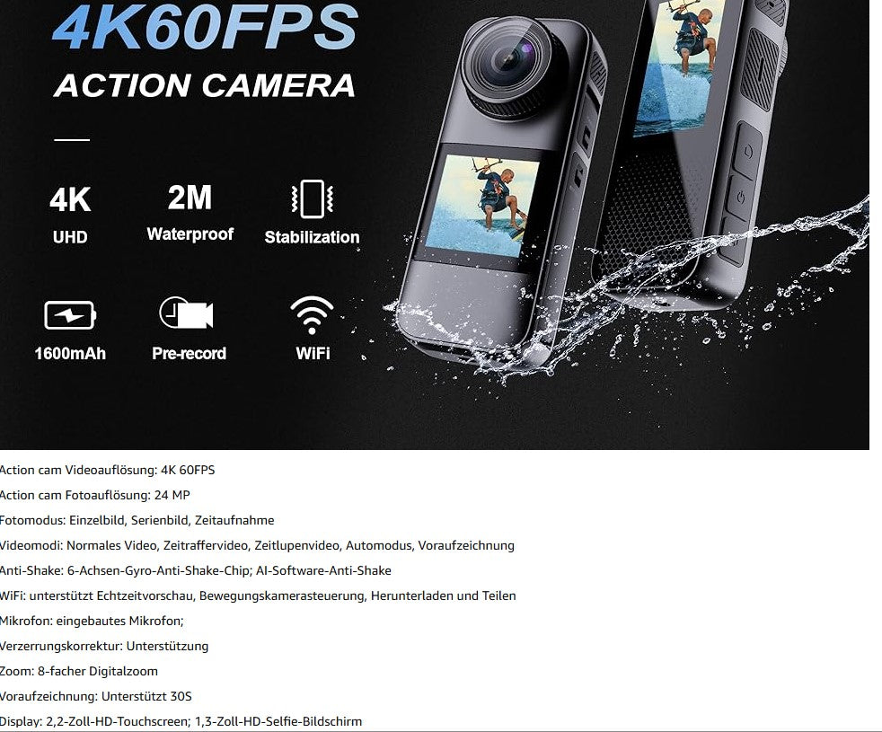 Xilecam Dual Screen Action Cam 4K 60FPS 2,2”-HD-Touchscreen, wasserdichte