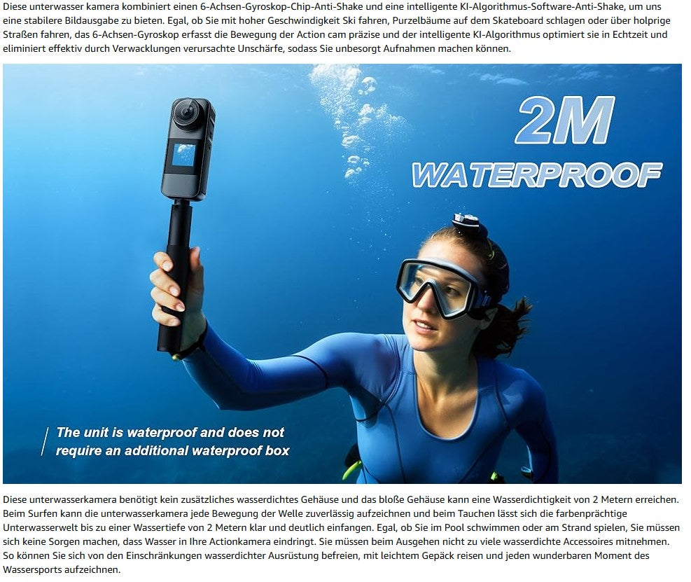 Xilecam Dual Screen Action Cam 4K 60FPS 2,2”-HD-Touchscreen, wasserdichte