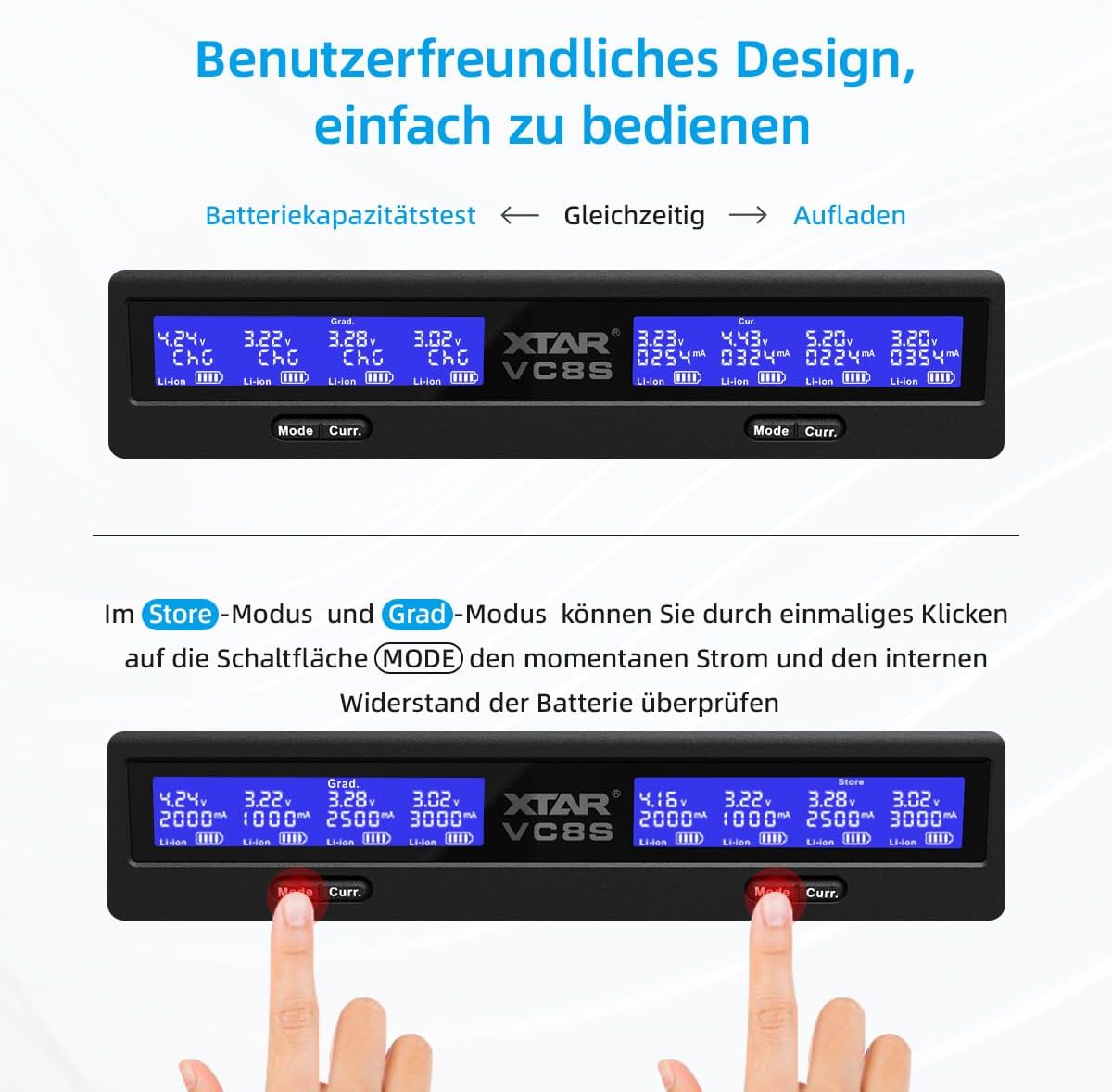 XTAR VC8S 18650 Universal Akkuladegerät USB C Schnellladegerät für 1.2V AA 21700 26650 Batterien