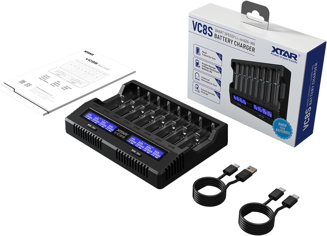 XTAR VC8S 18650 Universal Akkuladegerät USB C Schnellladegerät für 1.2V AA 21700 26650 Batterien