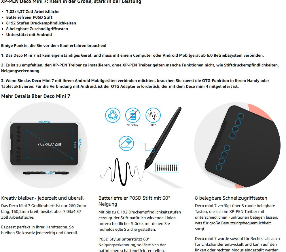 XP-PEN Deco Mini 7 Drawing Tablet Grafiktablett Pen Tablet OSU Spielen Stift Tablett mit 8 Express Tasten unterstützt Smartphone zum Fernunterricht