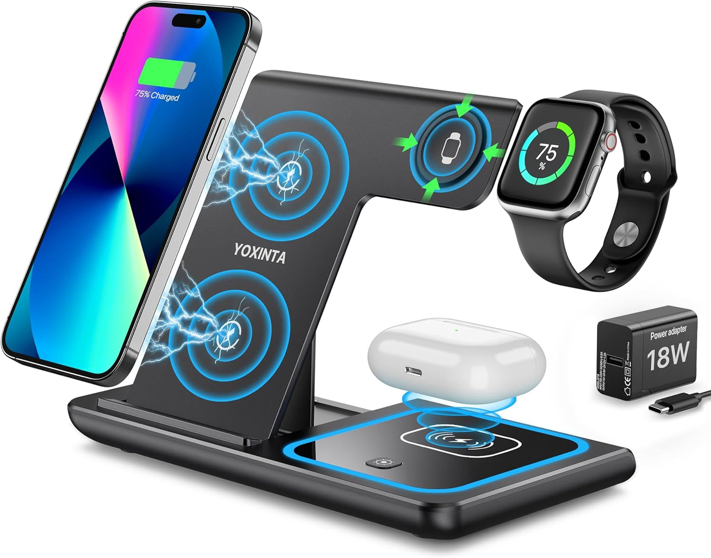 Yoxinta 3-in-1-Ladestation für iPhone 16 15 14 13 12 11 X Pro Max & Apple Watch Schwarz