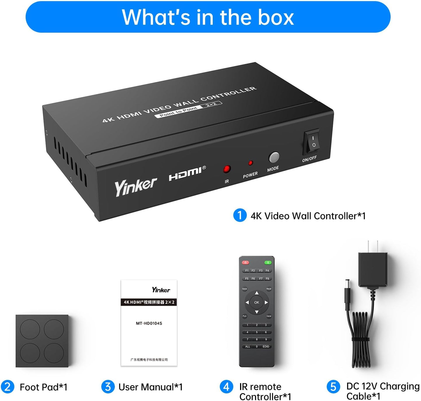 Yinker 4K60Hz HDMI Videowand Controller 2x2 HDMI für 4 TV Splicing Display