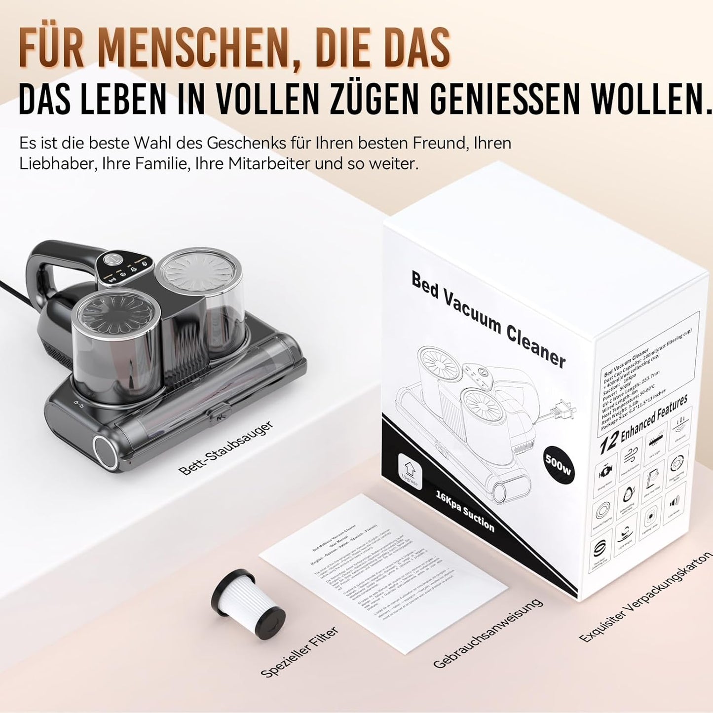 YUFAC Milbensauger für matratzen mit UV-Licht, 16Kpa Bettstaubsauger, 500W