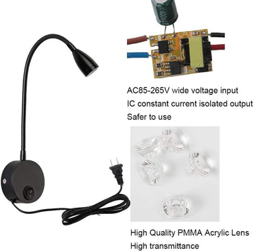 Youngine 3W Leselampe am Bett, Flexible 3W LED mit Schalter und Stecker,(Schwarz-warmes Weiß)