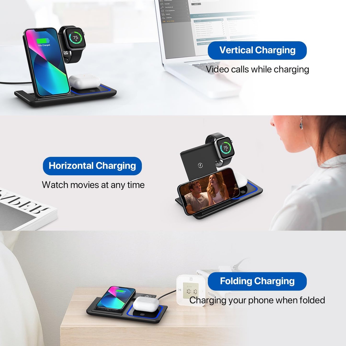 Yoxinta 3-in-1-Ladestation für iPhone 16 15 14 13 12 11 X Pro Max & Apple Watch Schwarz