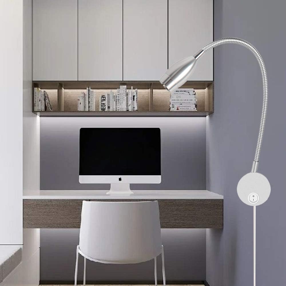 Youngine 3W LED Leselampe am Bett, Flexible mit Schalter und Stecker,3000K (Silber-warmes Weiß)