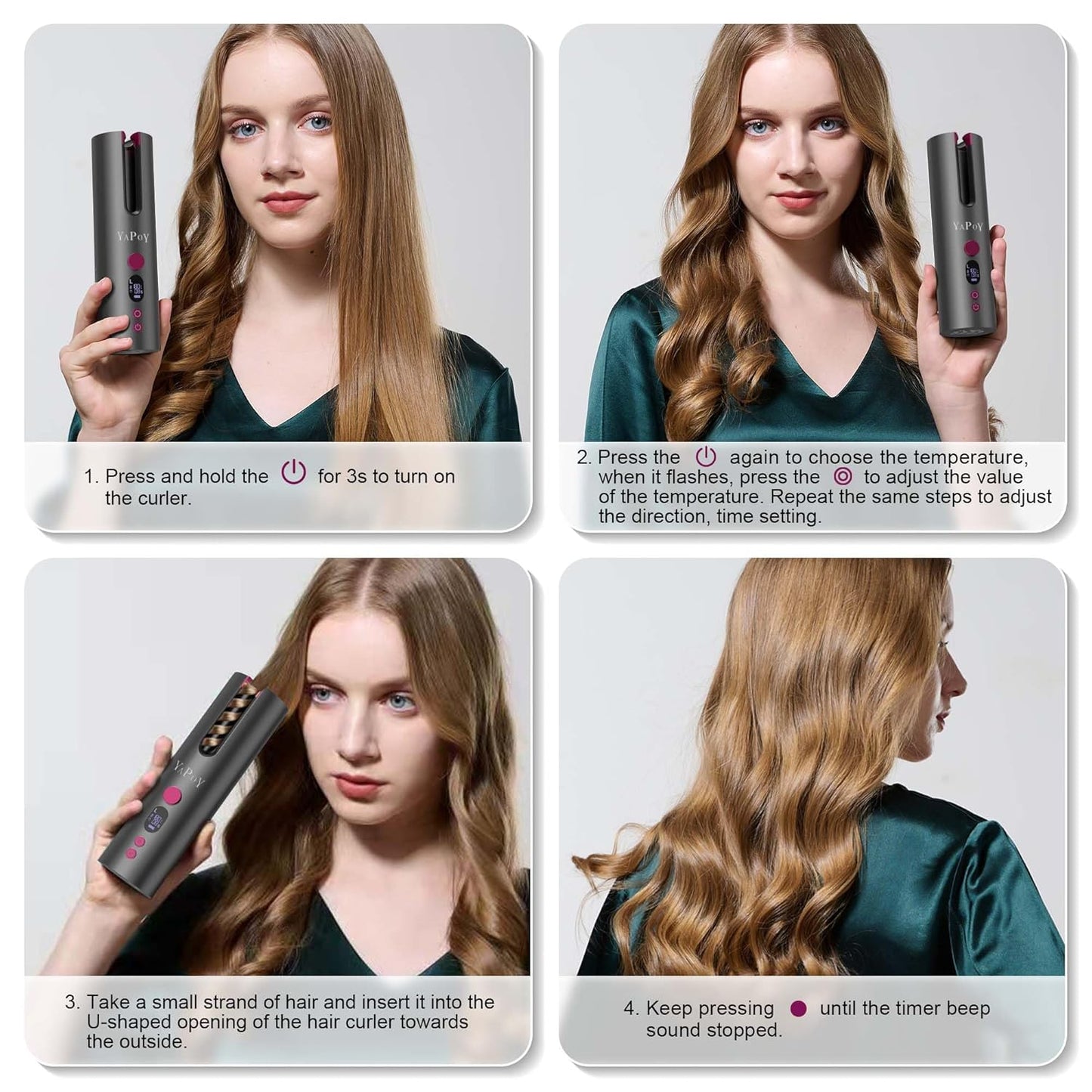 YAPOY Schnurlose Automatischer Lockenstab mit 5 Temp,Timer Magenta